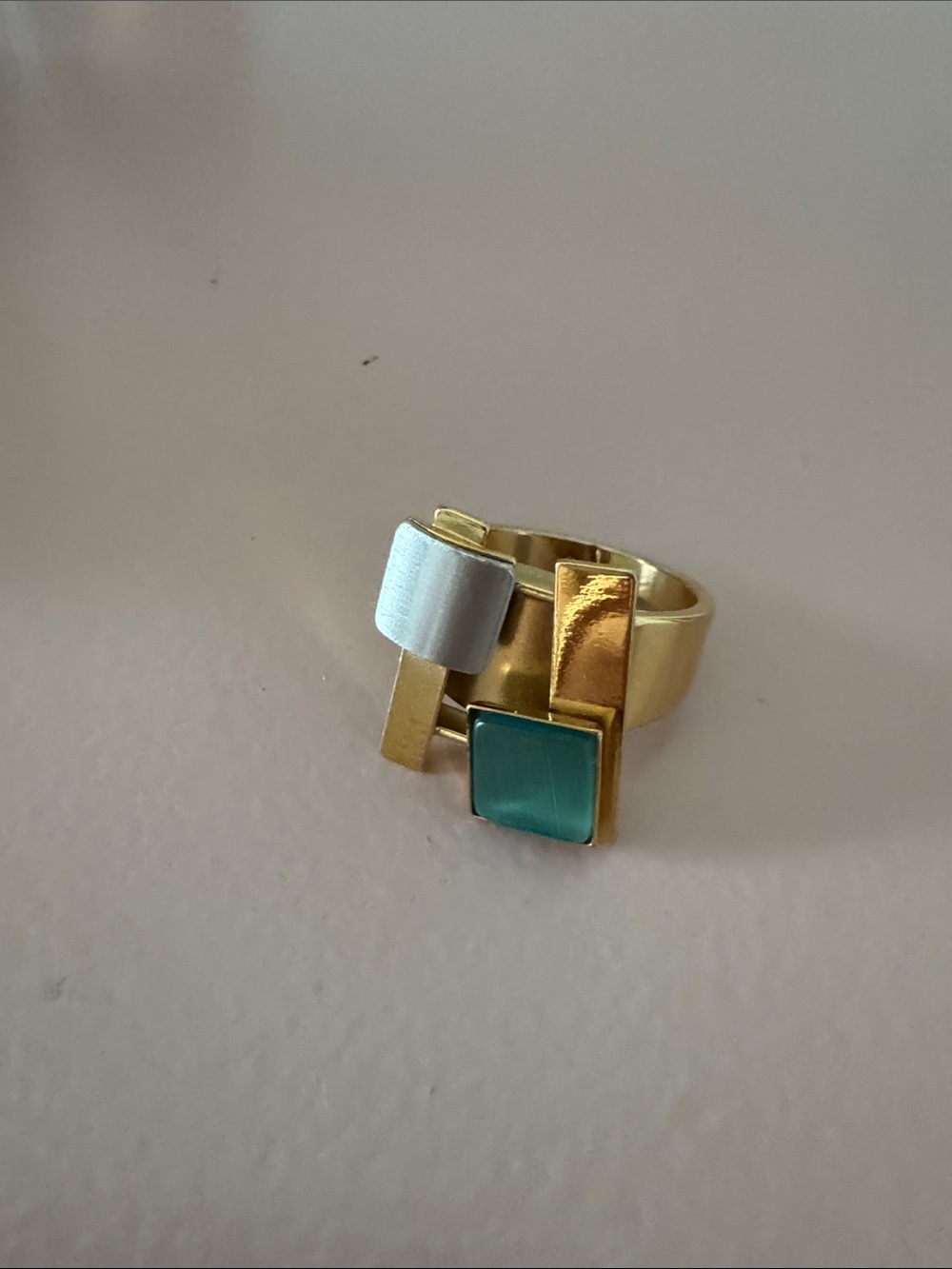 Vintage Gold Geometric Ring with Green and Silver Accents - Women Jewelry